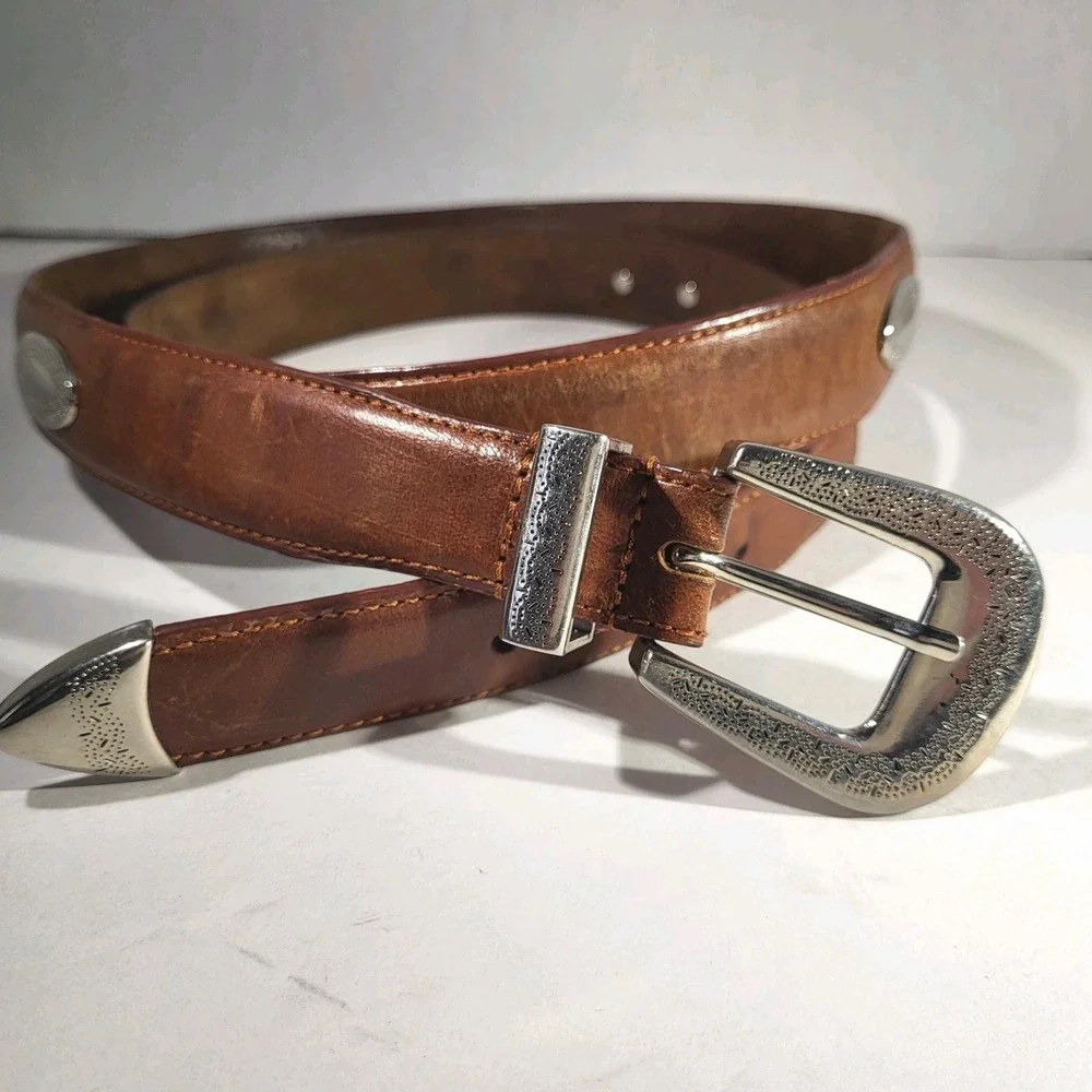 Brown Leather Belt 46 Silver‑Tone Buckle Medallions Western Unisex